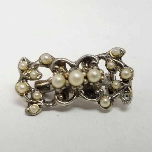 Vintage Little Silver Tone and Faux Pearl Lapel Pin, Scatter Brooch, Estate - Picture 1 of 6